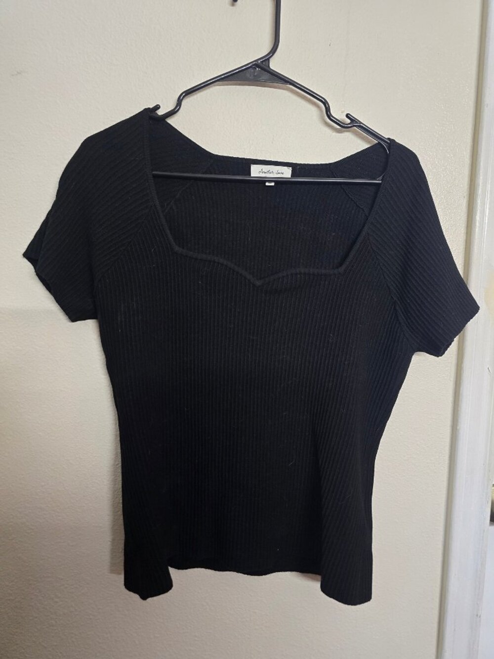 Another Love Black Ribbed Knit Short Sleeve Top Medium